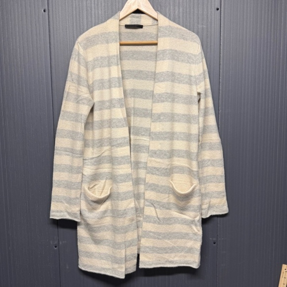 Jenni Kayne Striped Gray and Cream Open Front Cardigan Long Sweater